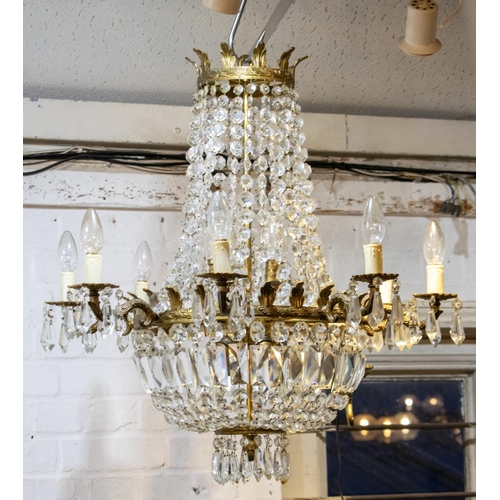 804 - CHANDELIER, approx 79cm H x 66cm, brass with glass drops, sixteen lights and eight branches.