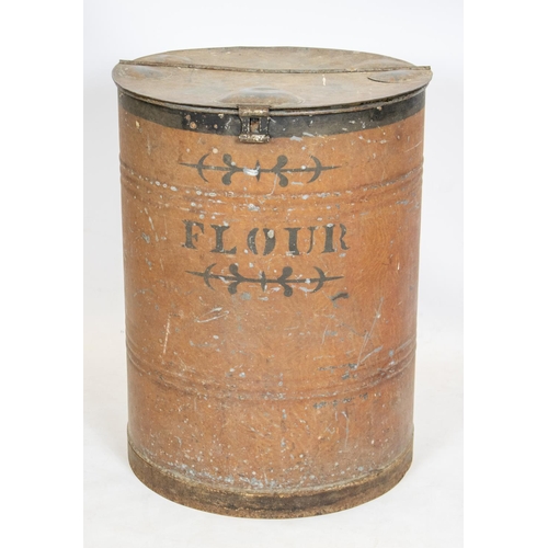 805 - FLOUR DRUM, 79cm H x 60cm, early/mid 20th century painted zinc with hinged top.