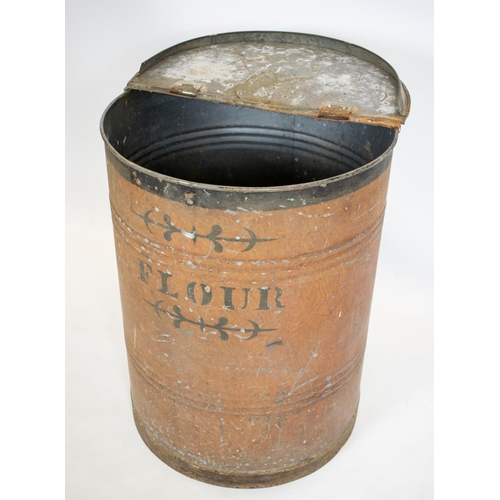 805 - FLOUR DRUM, 79cm H x 60cm, early/mid 20th century painted zinc with hinged top.