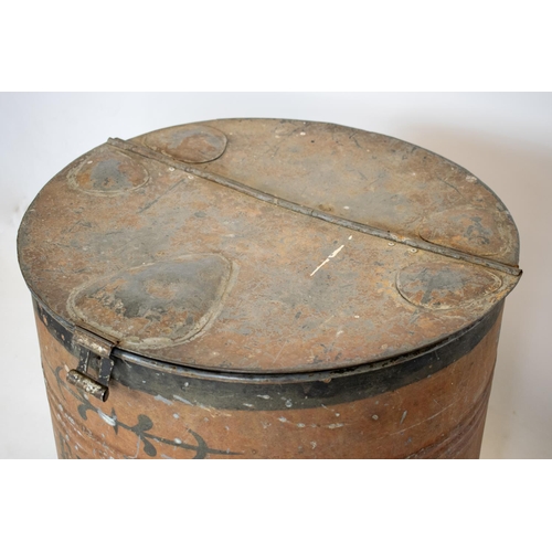 805 - FLOUR DRUM, 79cm H x 60cm, early/mid 20th century painted zinc with hinged top.