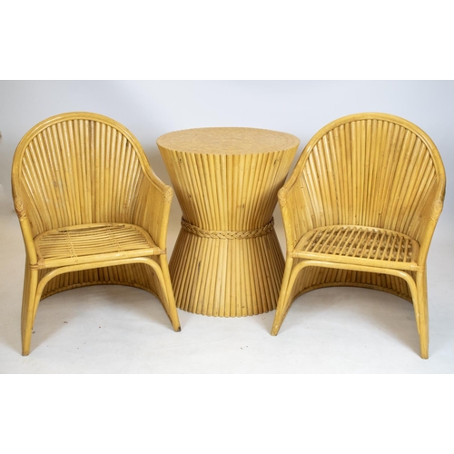 807 - TERRACE SET, rattan, bamboo and cane bound with two armchairs, 58cm W and wheatsheaf style table, 71... 