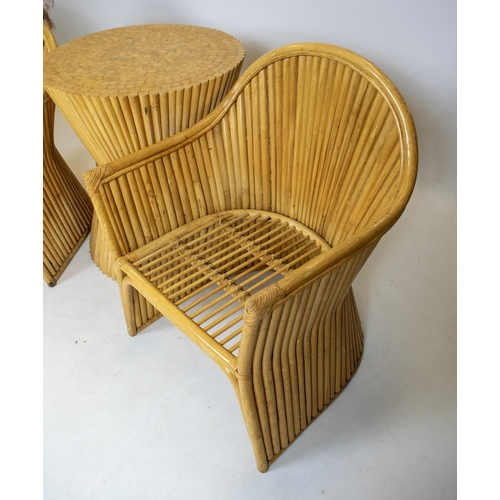 807 - TERRACE SET, rattan, bamboo and cane bound with two armchairs, 58cm W and wheatsheaf style table, 71... 