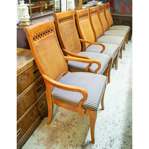 809 - DINING CHAIRS, a set of ten, cherrywood including two armchairs with striped seats, armchairs 105cm ... 