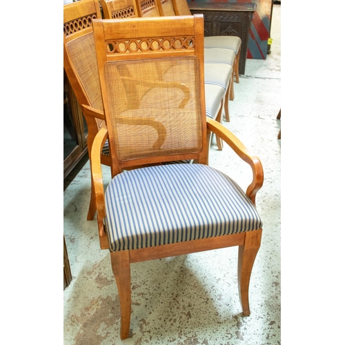 809 - DINING CHAIRS, a set of ten, cherrywood including two armchairs with striped seats, armchairs 105cm ... 