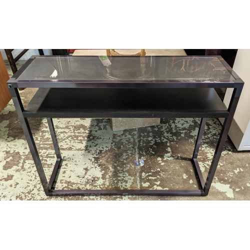 797 - LIGNE ROSET CONSOLE TABLE, metal frame with a smoked glass top, 110cm W x 35cm D x 86cm H.