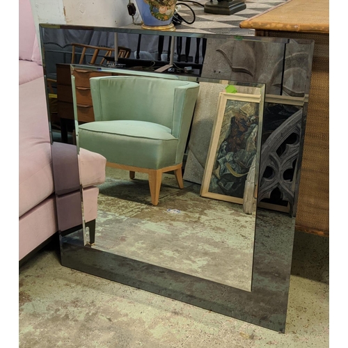 799 - WALL MIRROR, square central bevelled plate, within smoked glass border, 90cm H x 90cm W.