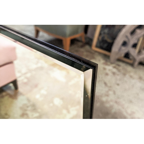 799 - WALL MIRROR, square central bevelled plate, within smoked glass border, 90cm H x 90cm W.