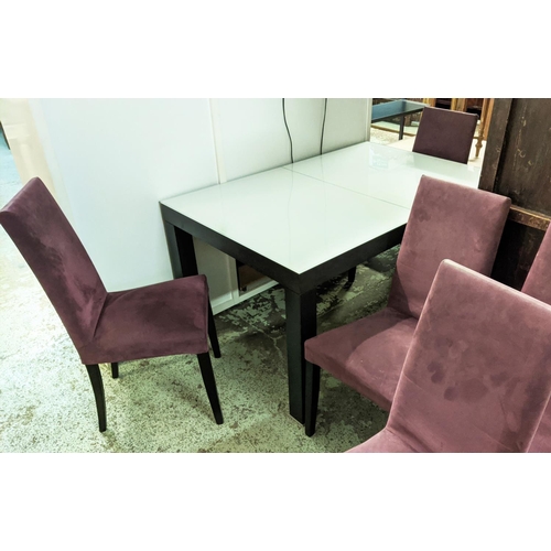 800 - DINING TABLE, 140cm L x 90cm W x 74cm H, white glass top, and six Ligne Roset dining chairs in purpl... 