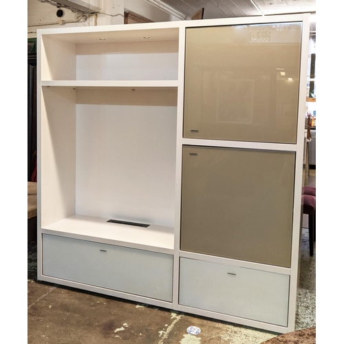 801 - LIGNE ROSET TV MEDIA UNIT, white gloss with glass doors, 187cm H x 185cm W x 45cm D.