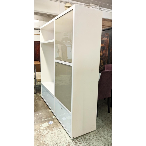 801 - LIGNE ROSET TV MEDIA UNIT, white gloss with glass doors, 187cm H x 185cm W x 45cm D.