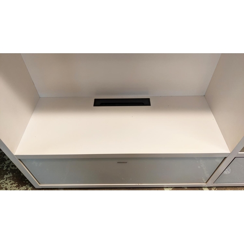 801 - LIGNE ROSET TV MEDIA UNIT, white gloss with glass doors, 187cm H x 185cm W x 45cm D.