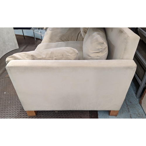 802 - SOFA, with cream suede upholstery on square supports, 183cm W x 83c m H x 96cm H.