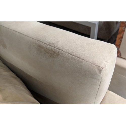 802 - SOFA, with cream suede upholstery on square supports, 183cm W x 83c m H x 96cm H.