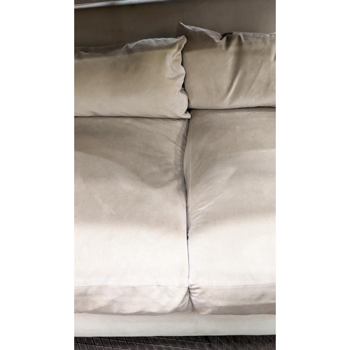 802 - SOFA, with cream suede upholstery on square supports, 183cm W x 83c m H x 96cm H.