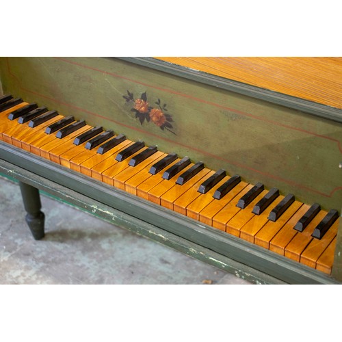 336 - SPINET, 19th century Continental green painted with floral and gilt detail, 174cm x 56cm x 97cm H.