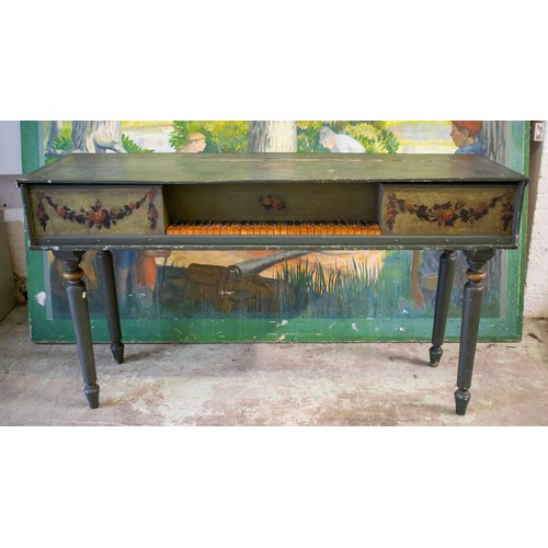 336 - SPINET, 19th century Continental green painted with floral and gilt detail, 174cm x 56cm x 97cm H.