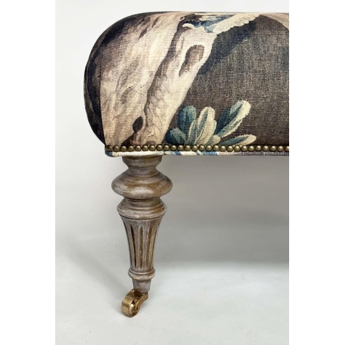 115 - HEARTH STOOL, rectangular tapestry style linen raised upon turned tapering bleached oak supports, 72... 