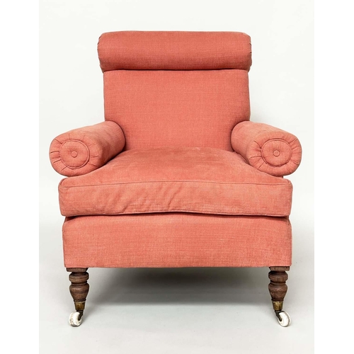 117 - ARMCHAIR, Victorian Howard style with salmon upholstery, scroll arms and ring turned supports, 82cm ... 