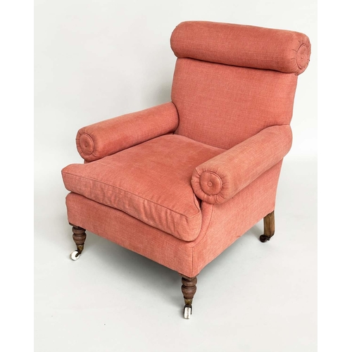 117 - ARMCHAIR, Victorian Howard style with salmon upholstery, scroll arms and ring turned supports, 82cm ... 