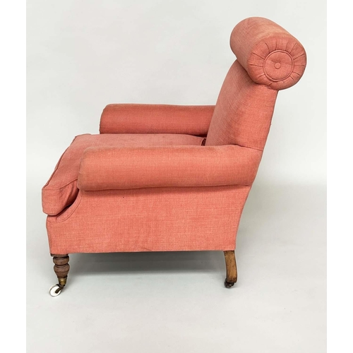 117 - ARMCHAIR, Victorian Howard style with salmon upholstery, scroll arms and ring turned supports, 82cm ... 