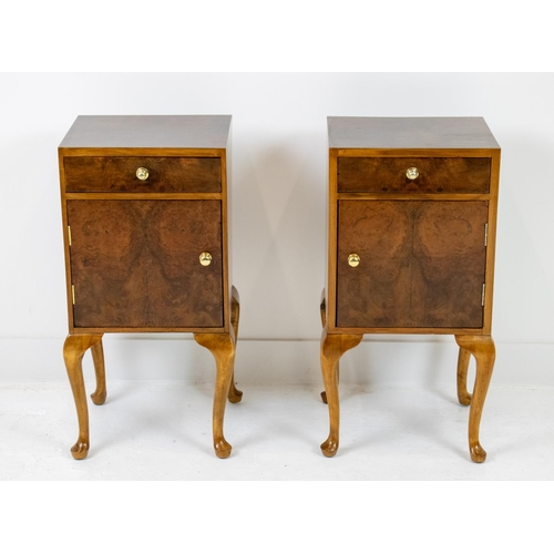 258 - BEDSIDE CABINETS, a pair, Art Deco burr walnut, each with drawer and door, 73cm H x 39cm W x 36cm D.... 