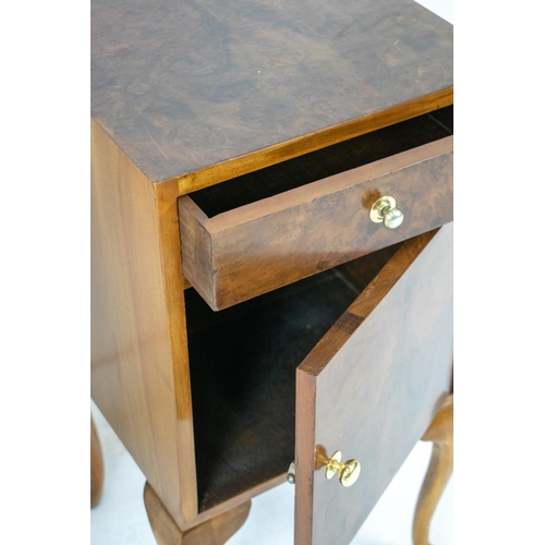 258 - BEDSIDE CABINETS, a pair, Art Deco burr walnut, each with drawer and door, 73cm H x 39cm W x 36cm D.... 