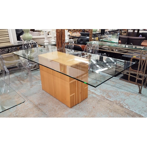 390 - DINING TABLE, glass top, twin pedestal base, 220cm x 100cm x 75.5cm approx.