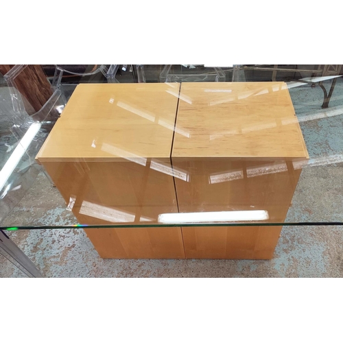 390 - DINING TABLE, glass top, twin pedestal base, 220cm x 100cm x 75.5cm approx.