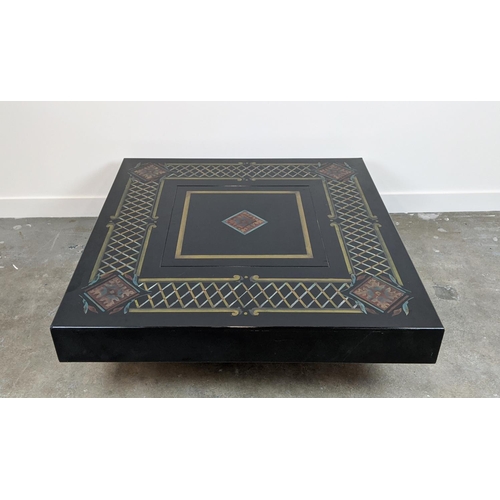 387 - LOW TABLE, with painted motif to top, 122cm x 122cm x 39cm.