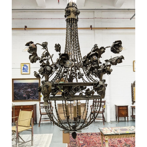 383 - CHANDELIER, three branch centrally and nine externally, gilt metal with floral and foliate design, 1... 