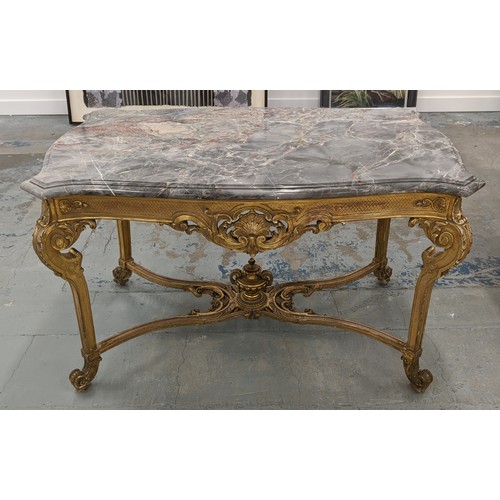 248 - CENTRE TABLE, late 19th century French giltwood  with shaped marble top, 75cm H x 124cm W x 74cm D.