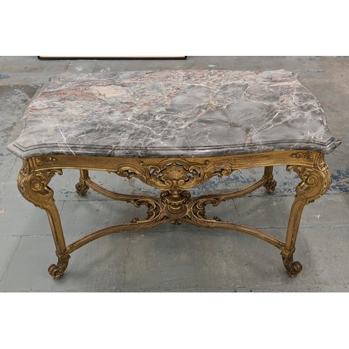 248 - CENTRE TABLE, late 19th century French giltwood  with shaped marble top, 75cm H x 124cm W x 74cm D.