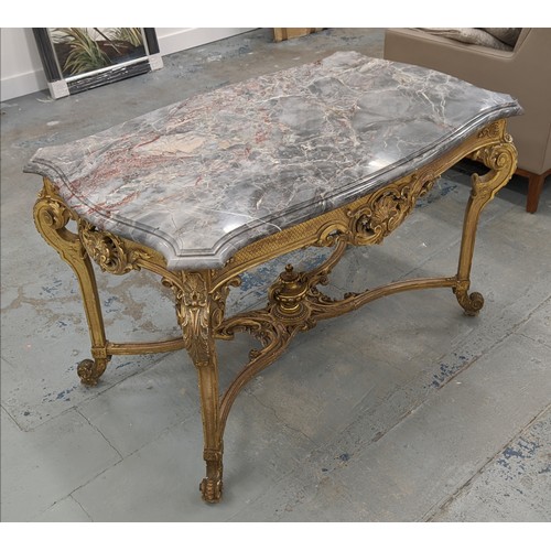 248 - CENTRE TABLE, late 19th century French giltwood  with shaped marble top, 75cm H x 124cm W x 74cm D.