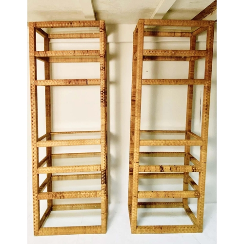 246 - ETAGERES, a pair, 1970's Italian style, rattan with glass shelves, 199cm H x 70cm W x 40cm D. (2)