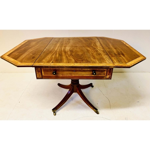 242 - PEMBROKE TABLE, George III mahogany and satinwood with crossbanded top and a drawer to each end on q... 