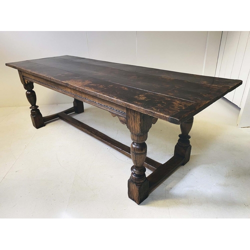 244 - REFECTORY TABLE, 17th century style oak, planked top on stretchered supports 230cm L x 76cm H x 82cm... 