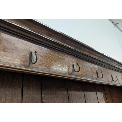 231 - DRESSER, Georgian design oak the plate rack over six drawers and two cupboard doors with square colu... 