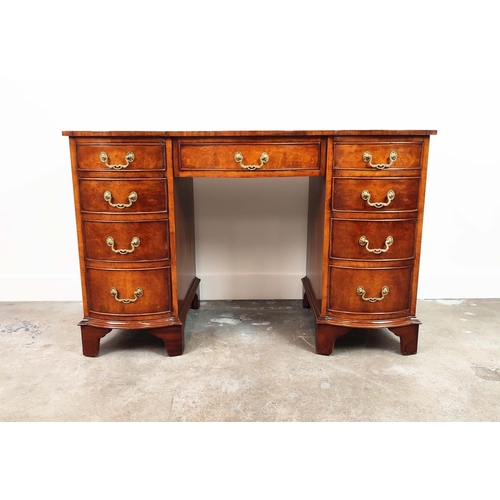 233 - KNEEHOLE DESK, Georgian style, burr walnut with black leather top above nine bowed drawers, 75cm H x... 