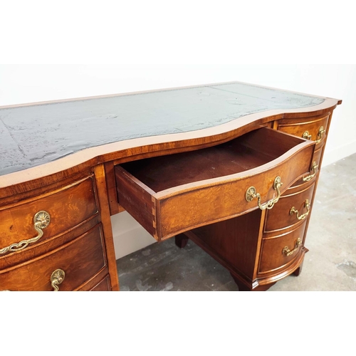 233 - KNEEHOLE DESK, Georgian style, burr walnut with black leather top above nine bowed drawers, 75cm H x... 