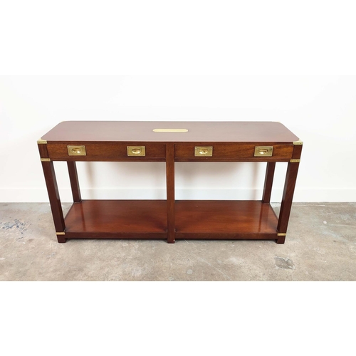 234 - CAMPAIGN STYLE SIDE TABLE, mahogany and brass bound with two drawers, 69cm H x 137cm W x 40cm D.