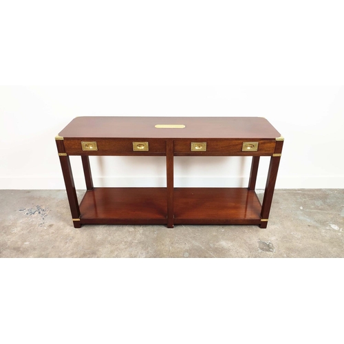 234 - CAMPAIGN STYLE SIDE TABLE, mahogany and brass bound with two drawers, 69cm H x 137cm W x 40cm D.