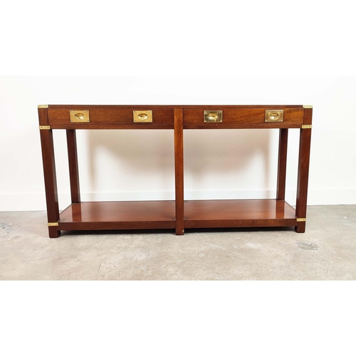 234 - CAMPAIGN STYLE SIDE TABLE, mahogany and brass bound with two drawers, 69cm H x 137cm W x 40cm D.