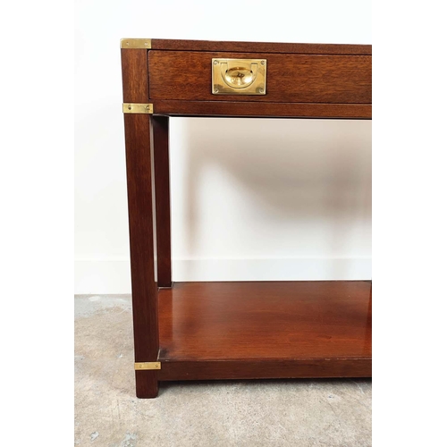 234 - CAMPAIGN STYLE SIDE TABLE, mahogany and brass bound with two drawers, 69cm H x 137cm W x 40cm D.