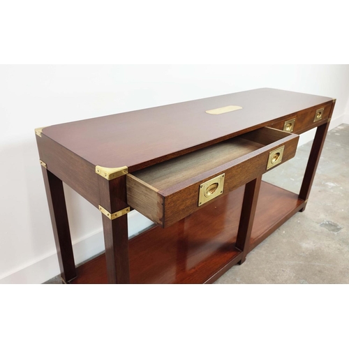 234 - CAMPAIGN STYLE SIDE TABLE, mahogany and brass bound with two drawers, 69cm H x 137cm W x 40cm D.