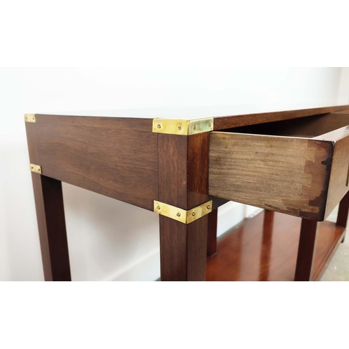 234 - CAMPAIGN STYLE SIDE TABLE, mahogany and brass bound with two drawers, 69cm H x 137cm W x 40cm D.