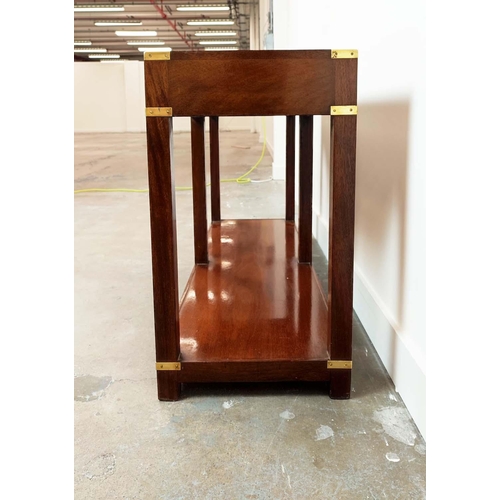 234 - CAMPAIGN STYLE SIDE TABLE, mahogany and brass bound with two drawers, 69cm H x 137cm W x 40cm D.