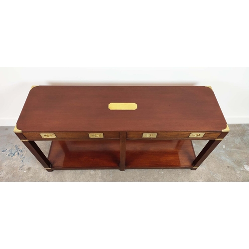 234 - CAMPAIGN STYLE SIDE TABLE, mahogany and brass bound with two drawers, 69cm H x 137cm W x 40cm D.