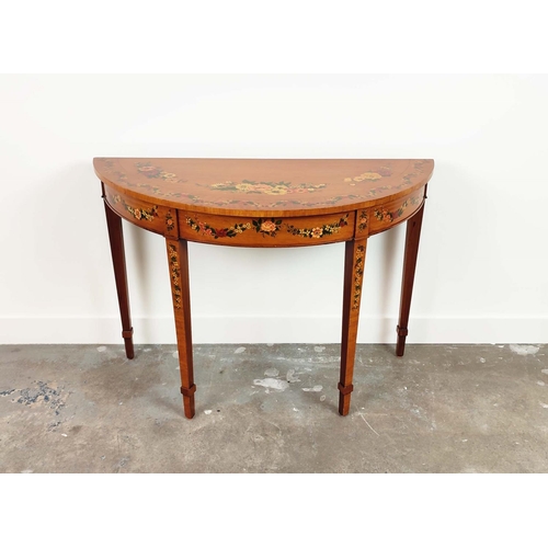 235 - SHERATON STYLE DEMI LUNE SIDE TABLE, late 20th century satinwood and floral painted, 77cm H x 113cm ... 