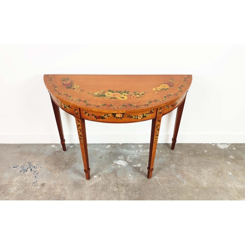 235 - SHERATON STYLE DEMI LUNE SIDE TABLE, late 20th century satinwood and floral painted, 77cm H x 113cm ... 