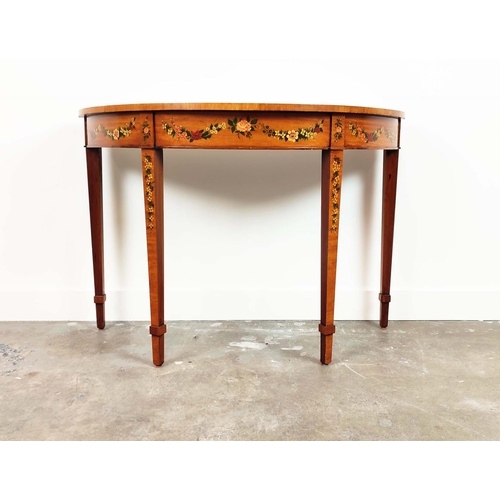 235 - SHERATON STYLE DEMI LUNE SIDE TABLE, late 20th century satinwood and floral painted, 77cm H x 113cm ... 